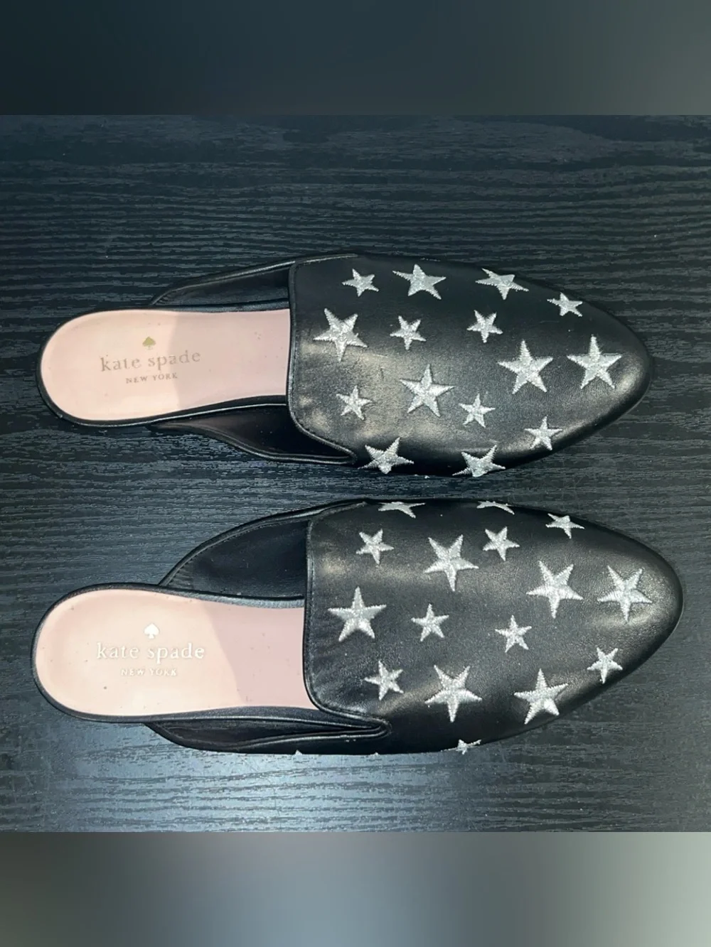KATE SPADE Sareen Black Star-Print Leather Slip-On Mules